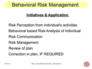 05/22/15 HSE / RAJASHREE POLYFIL / BHARUCH
Behavioral Risk ManagementBehavioral Risk Management
Initiatives & ApplicationInitiatives & Application
Risk Perception from individual's activities
Behavioral based Risk Analysis of individual
Risk Communication
Risk Management
Review of plan
Correction in plan, IF REQUIRED
Initiatives & ApplicationInitiatives & Application
Risk Perception from individual's activities
Behavioral based Risk Analysis of individual
Risk Communication
Risk Management
Review of plan
Correction in plan, IF REQUIRED
 