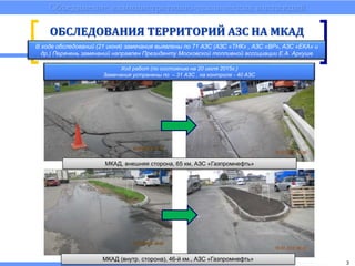 Объединение административно-технических инспекций
3
ОБСЛЕДОВАНИЯ ТЕРРИТОРИЙ АЗС НА МКАД
В ходе обследований (21 июня) замечания выявлены по 71 АЗС (АЗС «ТНК» , АЗС «ВР», АЗС «ЕКА» и
др.) Перечень замечаний направлен Президенту Московской топливной ассоциации Е.А. Аркуше
Ход работ (по состоянию на 20 июля 2015г.)
Замечания устранены по – 31 АЗС , на контроле - 40 АЗС
МКАД (внутр. сторона), 46-й км., АЗС «Газпромнефть»
МКАД, внешняя сторона, 65 км, АЗС «Газпромнефть»
 
