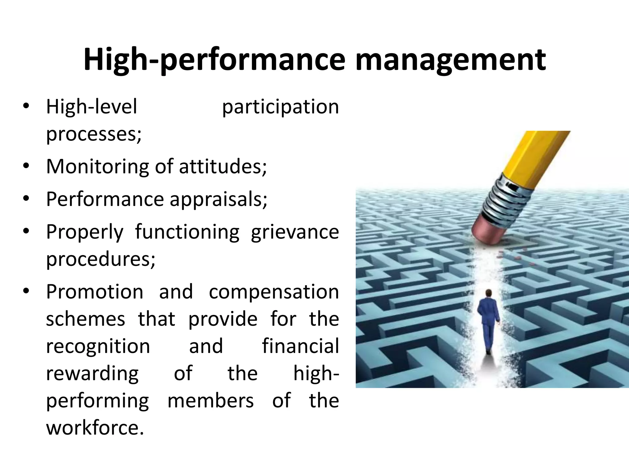 High-performance management
• High-level participation
processes;
• Monitoring of attitudes;
• Performance appraisals;
• Properly functioning grievance
procedures;
• Promotion and compensation
schemes that provide for the
recognition and financial
rewarding of the high-
performing members of the
workforce.
 