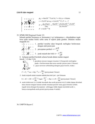 Listrik dan magnet
N104
1016π.2
105106,1410π4
π2
?...;106,1;m/s105
mm16;4;T.m/A10π4
19
3
4197
0
194
7
0
−
−
−−
−
−
=
==
===
===
xF
x
xxxxxx
a
xIxqxv
F
FCxqxv
aAIx
µ
µ
35. SPMB 2002 Regional I kode 121
Sebuah partikel bermassa m, bermuatan (+q), kelajuannya v, ditembakkan tegak
lurus pada medan listrik serba sama B seperti pada gambar. Didalam medan
megnetik ini :
1. partikel tersebut akan bergerak melingkar berlawanan
dengan arah jarum jam
2. percepatan partikel
m
qvB
a =
3. jarak terjauh dari titik A = qB
mv
2
4. kelajuan partikel berubah selama berada dalam medan magnet
Jawab : 1,2 dan 3 (A)
:makalorent,gayadengansebandingnewtongaya2.
benar)1(jamjarumsearaharusdanberlawananpada
melingkarbergerakAmuatanganaturan tangunakan1.
v
benar)2n(pernyataa:ingat22S
lintasanjari-jarikaliduaadalahmuatanuntukauhJarak terj3.
benar)2n(pernyataa
2
Bq
mv
RBqv
R
mv
Bq
mv
RAC
m
Bqv
aBqvmaFF L
=↔=↑===
=↑=↑=
salah)4n(pernyataagerakarahmengubahhanya
,arahmerubahdapattidaksehinggakecepatandenganlurustegak
selalulorentzgayaataupositifmuatanuntukkananganaturan tanatau
dirubahdapattidak)()proton(arahdanberubahtidak)()elektron(-arah4.
v
Iv +
36. UMPTN Rayon C
UMPTN. www.mhharismansur.com
eF vI
B
A
v
LF
vA
C
15
 