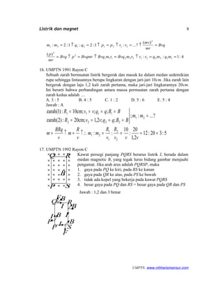 Listrik dan magnet
4:1::
)(
)(
?...:1:2:1:2:
112221222111
2
2
2
21212121
==↑=↑=↑=
=↑=↑=↑=↑=
mqmqrrrmBvqrmBvqBvqmrpBvq
mr
p
Bvq
mr
mv
rrppqqmm
16. UMPTN 1991 Rayon C
Sebuah zarah bermuatan listrik bergerak dan masuk ke dalam medan sedemikian
rupa sehingga lintasannya berupa lingkaran dengan jari-jari 10cm. Jika zarah lain
bergerak dengan laju 1,2 kali zarah pertama, maka jari-jari lingkarannya 20cm.
Ini berarti bahwa perbandingan antara massa permuatan zarah pertama dengan
zarah kedua adalah …
A. 3 : 5 B. 4 : 5 C. 1 : 2 D. 5 : 6 E. 5 : 4
Jawab : A
5:320:12
2,1
20
:
10
::
?...:;
;;2,1;cm20:)2(zarah
;;;cm10:)1(zarah
2
2
1
1
21
21
2222
1111
====↑∴≈↑=
=



====
====
vvv
R
v
R
mm
v
R
m
v
BRq
m
mm
BBqqvvR
BBqqvvR
17. UMPTN 1992 Rayon C
Kawat persegi panjang PQRS berarus listrik I, berada dalam
medan magnetic B, yang tegak lurus bidang gambar menjauhi
pengamat. Jika arah arus adalah PQRSP, maka
1. gaya pada PQ ke kiri, pada RS ke kanan
2. gaya pada QR ke atas, pada PS ke bawah
3. tidak ada kopel yang bekerja pada kawat PQRS
4. besar gaya pada PQ dan RS = besar gaya pada QR dan PS
Jawab : 1,2 dan 3 benar
UMPTN. www.mhharismansur.com
P S
Q R
B
I
I
I
I
B
B
B
BF
F
F
P
Q R
S
8
 