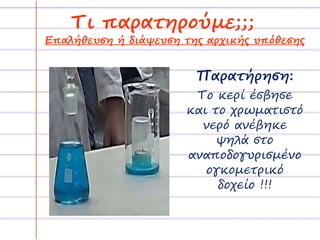 Τι παρατηρούμε;;;
Παρατήρηση:
Το κερί έσβησε
και το χρωματιστό
νερό ανέβηκε
ψηλά στο
αναποδογυρισμένο
ογκομετρικό
δοχείο !!!
Επαλήθευση ή διάψευση της αρχικής υπόθεσης
 