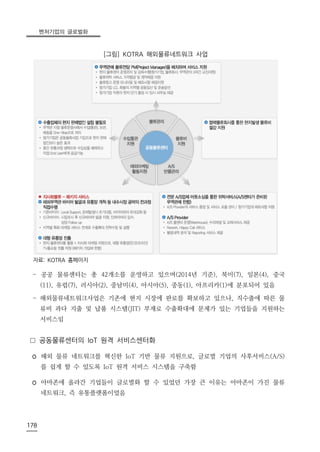 벤처기업의 글로벌화
178
[그림] KOTRA 해외물류네트워크 사업
자료: KOTRA 홈페이지
- 공공 물류센터는 총 42개소를 운영하고 있으며(2014년 기준), 북미(7), 일본(4), 중국
(11), 유럽(7), 러시아(2), 중남미(4), 아시아(5), 중동(1), 아프리카(1)에 분포되어 있음
- 해외물류네트워크사업은 기존에 현지 시장에 판로를 확보하고 있으나, 직수출에 따른 물
류비 과다 지출 및 납품 시스템(JIT) 부재로 수출확대에 문제가 있는 기업들을 지원하는
서비스임
□ 공동물류센터의 IoT 원격 서비스센터화
◦ 해외 물류 네트워크를 혁신한 IoT 기반 물류 지원으로, 글로벌 기업의 사후서비스(A/S)
를 쉽게 할 수 있도록 IoT 원격 서비스 시스템을 구축함
◦ 아마존에 올라간 기업들이 글로벌화 할 수 있었던 가장 큰 이유는 아마존이 가진 물류
네트워크, 즉 유통플랫폼이었음
 