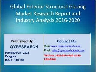 Global Exterior Structural Glazing
Market Research Report and
Industry Analysis 2016-2020
Published By:
QYRESEARCH
Published On : 2016
Category:
Pages : 130-180
Contact US:
Web: www.qyresearchreports.com
Email: sales@qyresearchreports.com
Toll Free : 866-997-4948 (USA-
CANADA)
 