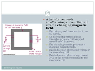 Electromagnetic Induction
27
 A transformer needs
an alternating current that will
create a changing magnetic
field.
 The primary coil is connected to an
AC supply.
 An alternating current passes
through a primary coil wrapped
around a soft iron core.
 The changing current produces a
changing magnetic field.
 This induces an alternating voltage in
the secondary coil.
 This induces an alternating current
(AC) in the circuit connected to the
secondary coil.
 