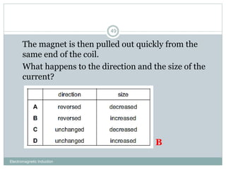 Electromagnetic Induction
49
1. The magnet is then pulled out quickly from the
same end of the coil.
2. What happens to the direction and the size of the
current?
B
 