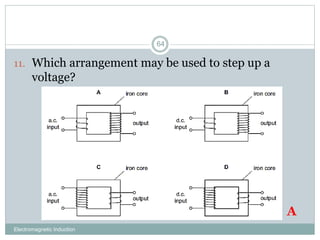 Electromagnetic Induction
64
11. Which arrangement may be used to step up a
voltage?
A
 