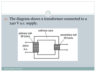 Electromagnetic Induction
73
16. The diagram shows a transformer connected to a
240 V a.c. supply.
 