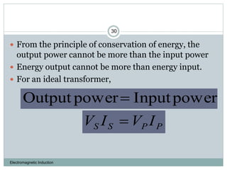 Electromagnetic Induction
30
 From the principle of conservation of energy, the
output power cannot be more than the inpu...