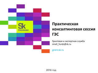 Практическая
консалтинговая сессия
ГЭС
Грантовая и экспертная служба
small_funds@sk.ru
grant.sk.ru
2016 год
 
