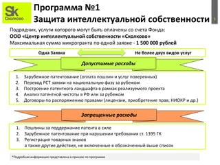 5
Программа №1
Защита интеллектуальной собственности
Подрядчик, услуги которого могут быть оплачены со счета Фонда:
ООО «Центр интеллектуальной собственности «Сколково»
Максимальная сумма микрогранта по одной заявке - 1 500 000 рублей
1. Зарубежное патентование (оплата пошлин и услуг поверенных)
2. Перевод РСТ заявки на национальную фазу за рубежом
3. Построение патентного ландшафта в рамках реализуемого проекта
4. Анализ патентной чистоты в РФ или за рубежом
5. Договоры по распоряжению правами (лицензии, приобретение прав, НИОКР и др.)
Запрещенные расходы
1. Пошлины за поддержание патента в силе
2. Зарубежное патентование при нарушении требования ст. 1395 ГК
3. Регистрация товарных знаков
а также другие действия, не включенные в обозначенный выше список
Допустимые расходы
*Подробная информация представлена в приказе по программе
Одна Заявка Не более двух видов услуг
 