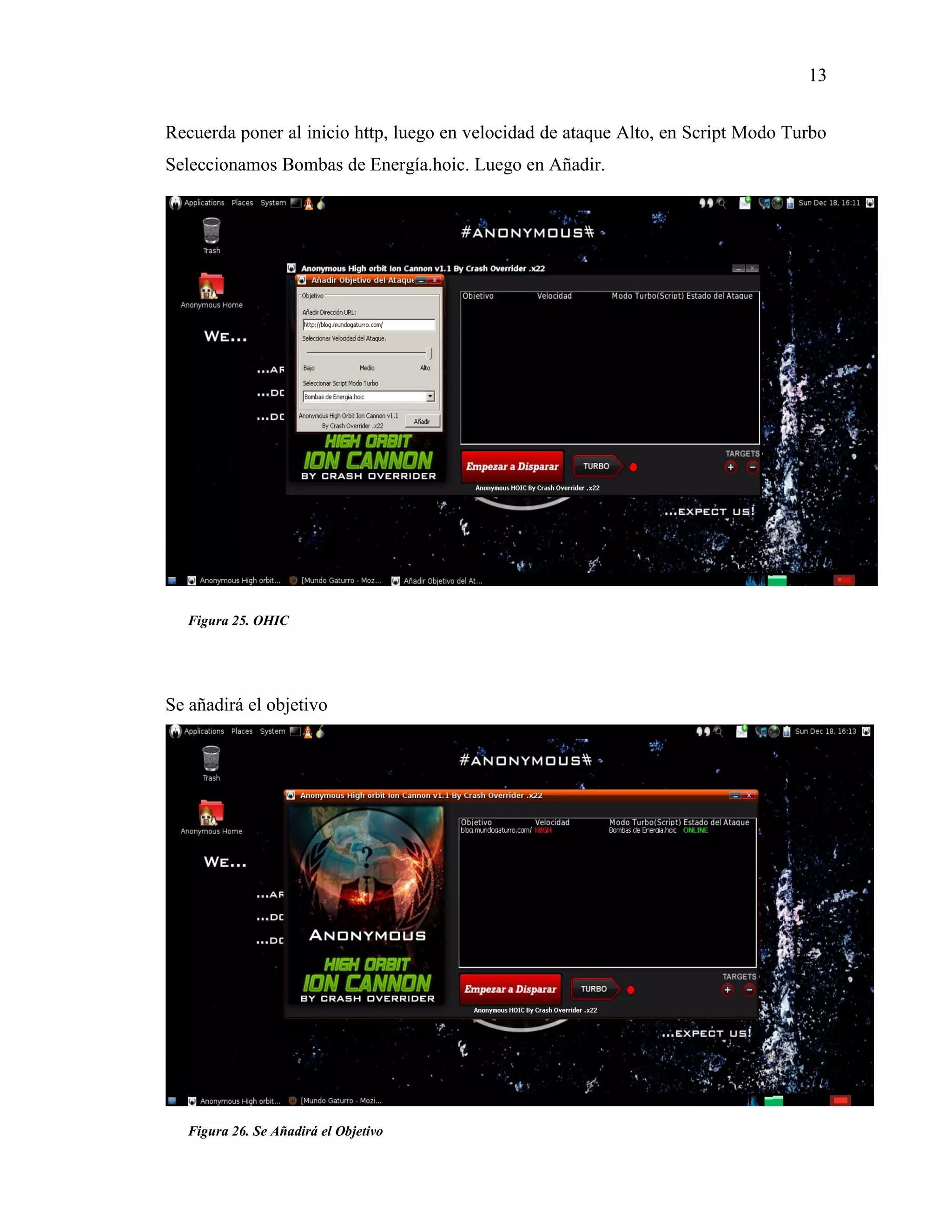 13
Figura 26. Se Añadirá el Objetivo
Figura 25. OHIC
Recuerda poner al inicio http, luego en velocidad de ataque Alto, en Script Modo Turbo
Seleccionamos Bombas de Energía.hoic. Luego en Añadir.
Se añadirá el objetivo
 