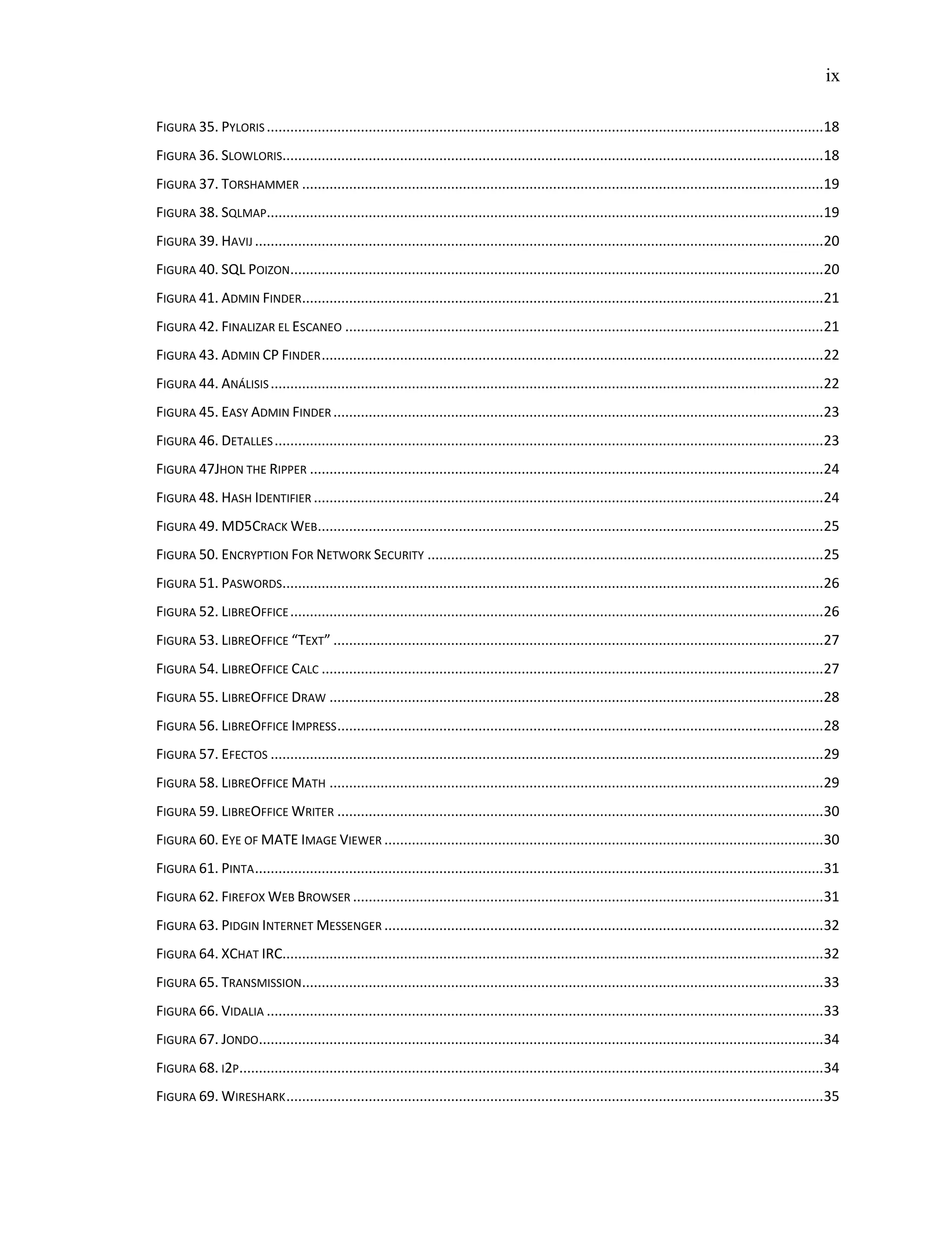 ix
FIGURA 35. PYLORIS ..............................................................................................................................................18
FIGURA 36. SLOWLORIS..........................................................................................................................................18
FIGURA 37. TORSHAMMER .....................................................................................................................................19
FIGURA 38. SQLMAP..............................................................................................................................................19
FIGURA 39. HAVIJ .................................................................................................................................................20
FIGURA 40. SQL POIZON........................................................................................................................................20
FIGURA 41. ADMIN FINDER.....................................................................................................................................21
FIGURA 42. FINALIZAR EL ESCANEO ..........................................................................................................................21
FIGURA 43. ADMIN CP FINDER................................................................................................................................22
FIGURA 44. ANÁLISIS.............................................................................................................................................22
FIGURA 45. EASY ADMIN FINDER .............................................................................................................................23
FIGURA 46. DETALLES............................................................................................................................................23
FIGURA 47JHON THE RIPPER ...................................................................................................................................24
FIGURA 48. HASH IDENTIFIER ..................................................................................................................................24
FIGURA 49. MD5CRACK WEB.................................................................................................................................25
FIGURA 50. ENCRYPTION FOR NETWORK SECURITY .....................................................................................................25
FIGURA 51. PASWORDS..........................................................................................................................................26
FIGURA 52. LIBREOFFICE........................................................................................................................................26
FIGURA 53. LIBREOFFICE “TEXT” .............................................................................................................................27
FIGURA 54. LIBREOFFICE CALC ................................................................................................................................27
FIGURA 55. LIBREOFFICE DRAW ..............................................................................................................................28
FIGURA 56. LIBREOFFICE IMPRESS............................................................................................................................28
FIGURA 57. EFECTOS .............................................................................................................................................29
FIGURA 58. LIBREOFFICE MATH ..............................................................................................................................29
FIGURA 59. LIBREOFFICE WRITER ............................................................................................................................30
FIGURA 60. EYE OF MATE IMAGE VIEWER ................................................................................................................30
FIGURA 61. PINTA.................................................................................................................................................31
FIGURA 62. FIREFOX WEB BROWSER ........................................................................................................................31
FIGURA 63. PIDGIN INTERNET MESSENGER ................................................................................................................32
FIGURA 64. XCHAT IRC..........................................................................................................................................32
FIGURA 65. TRANSMISSION.....................................................................................................................................33
FIGURA 66. VIDALIA ..............................................................................................................................................33
FIGURA 67. JONDO................................................................................................................................................34
FIGURA 68. I2P.....................................................................................................................................................34
FIGURA 69. WIRESHARK.........................................................................................................................................35
 