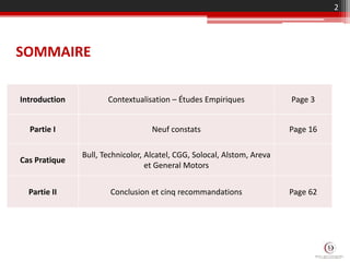 Introduction Contextualisation – Études Empiriques Page 3
Partie I Neuf constats Page 16
Cas Pratique
Bull, Technicolor, Alcatel, CGG, Solocal, Alstom, Areva
et General Motors
Partie II Conclusion et cinq recommandations Page 62
2
SOMMAIRE
 