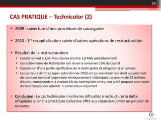 CAS PRATIQUE – Technicolor (2)
 2009 : ouverture d’une procédure de sauvegarde
 2010 : 1re recapitalisation suivie d’autres opérations de restructuration
 Résultat de la restructuration
 L’endettement à 1,55 Mds d’euros (contre 2,8 Mds précédemment)
 Les actionnaires de Technicolor ont réussi à conserver 16% du capital
 Conversion d’une partie significative de la dette (prêts et obligations) en actions
 Les porteurs de titres super subordonnés (TSS) ont pu maintenir leur droit au paiement
du montant nominal (cependant remboursement théorique). La somme de 25 millions
d’euros, correspondant à environ 6% du nominal des titres, leur a été proposé pour solde
de tout compte des intérêts > contentieux important
 Conclusion : Le cas Technicolor montre les difficultés à restructurer la dette
obligataire quand la procédure collective offre aux créanciers junior un pouvoir de
nuisance
29
 
