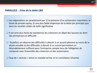 PARALLELE : Crise de la dette LBO
 Les négociations se caractérisent par 1) la présence d’un actionnaire majoritaire, le
fonds de private equity, 2) une plus faible dispersion de la dette (en principe) que
dans les sociétés cotées de taille significative
 Il est ainsi plus facile de coordonner les créanciers en dépit des lacunes du droit
des entreprises en difficulté
 Toutefois, on observe des difficultés à aboutir à un accord pérenne au cours de la
phase amiable et des difficultés à aboutir à un accord permettant un
désendettement suffisant pour l’entreprise compte tenu de l’obligation de
composer avec l’ensemble des créanciers et des actionnaires
 Taux de « rechute » élevé en mandat ad hoc et en conciliation (Vivarte)
37
 
