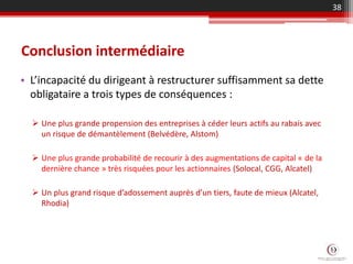 Conclusion intermédiaire
• L’incapacité du dirigeant à restructurer suffisamment sa dette
obligataire a trois types de conséquences :
 Une plus grande propension des entreprises à céder leurs actifs au rabais avec
un risque de démantèlement (Belvédère, Alstom)
 Une plus grande probabilité de recourir à des augmentations de capital « de la
dernière chance » très risquées pour les actionnaires (Solocal, CGG, Alcatel)
 Un plus grand risque d’adossement auprès d’un tiers, faute de mieux (Alcatel,
Rhodia)
38
 