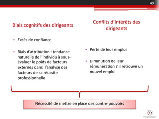 Conflits d’intérêts des
dirigeants
• Excès de confiance
• Biais d’attribution : tendance
naturelle de l’individu à sous-
évaluer le poids de facteurs
externes dans l’analyse des
facteurs de sa réussite
professionnelle
49
• Perte de leur emploi
• Diminution de leur
rémunération s’il retrouve un
nouvel emploi
Biais cognitifs des dirigeants
Nécessité de mettre en place des contre-pouvoirs
 