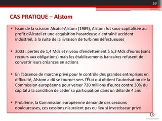 CAS PRATIQUE – Alstom
 Issue de la scission Alcatel-Alstom (1989), Alstom fut sous-capitalisée au
profit d’Alcatel et une acquisition hasardeuse a entraîné accident
industriel, à la suite de la livraison de turbines défectueuses
 2003 : pertes de 1,4 Mds et niveau d’endettement à 5,3 Mds d’euros (sans
recours aux obligations) mais les établissements bancaires refusent de
convertir leurs créances en actions
 En l’absence de marché privé pour le contrôle des grandes entreprises en
difficulté, Alstom a dû se tourner vers l’État qui obtient l’autorisation de la
Commission européenne pour verser 720 millions d’euros contre 30% du
capital à la condition de céder sa participation dans un délai de 4 ans
 Problème, la Commission européenne demande des cessions
douloureuses, ces cessions n’auraient pas eu lieu si investisseur privé
59
 