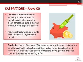 CAS PRATIQUE – Areva (2)
 La Commission européenne a
estimé que ces injections de
capital constituaient une aide
d’État compatible avec le marché
intérieur, mais exige des cessions
 Pas de restructuration de la dette
préalablement à l’injection de
capital
63
 Conclusion : sans y être tenu, l’État apporte son soutien à des entreprises
de taille significative dans les conditions qui ne lui sont pas forcément
favorables. Ce faisant, l’État envoie le message d’une garantie implicite
pour les établissements too big to fail
 
