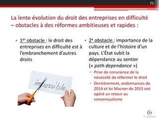 • 2e obstacle : importance de la
culture et de l’histoire d’un
pays. L’État subit la
dépendance au sentier
(« path dependance »)
▫ Prise de conscience de la
nécessité de réformer le droit
▫ Dernièrement, ordonnances de
2014 et loi Macron de 2015 ont
opéré un retour au
consensualisme
La lente évolution du droit des entreprises en difficulté
– obstacles à des réformes ambitieuses et rapides :
75
• 1er obstacle : le droit des
entreprises en difficulté est à
l’embranchement d’autres
droits
 