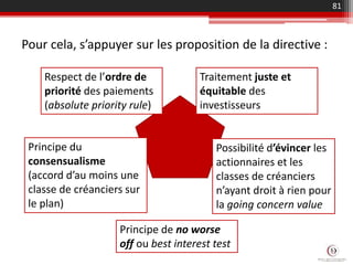 Pour cela, s’appuyer sur les proposition de la directive :
81
Respect de l’ordre de
priorité des paiements
(absolute priority rule)
Principe du
consensualisme
(accord d’au moins une
classe de créanciers sur
le plan)
Principe de no worse
off ou best interest test
Possibilité d’évincer les
actionnaires et les
classes de créanciers
n’ayant droit à rien pour
la going concern value
Traitement juste et
équitable des
investisseurs
 