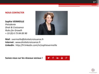 87
Suivez-nous sur les réseaux sociaux !
NOUS CONTACTER
Sophie VERMEILLE
Présidente
Droit & Croissance
Rules for Growth
+ 33 (0) 6 73 04 89 90
Mail : svermeille@droitetcroissance.fr
Internet : www.droitetcroissance.fr
LinkedIn : http://fr.linkedin.com/in/sophievermeille
 