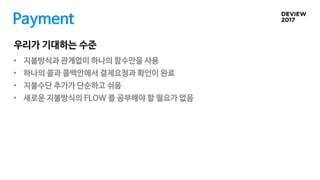 Payment
• 지불방식과 관계없이 하나의 함수만을 사용
• 하나의 콜과 콜백안에서 결제요청과 확인이 완료
• 지불수단 추가가 단순하고 쉬움
• 새로운 지불방식의 FLOW 를 공부해야 할 필요가 없음
우리가 기대하는 수준
 