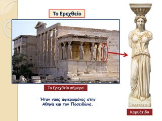 Το Ερεχθείο
Ήταν ναός αφιερωμένος στην
Αθηνά και τον Ποσειδώνα.
Το Ερεχθείο σήμερα
Καρυάτιδα
 