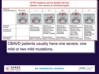 CBAVD patients usually have one severe, one
mild or two mild mutations.
CFTR mutations can be divided into five
classes, from severe to mild phenotypes
 