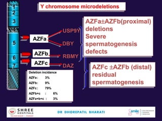 1
2
3
4
5
6
7
AZFa
AZFb
AZFc
USP9Y
DBY
RBMY
DAZ
AZFaAZFb(proximal)
deletions
Severe
spermatogenesis
defects
AZFc AZFb (distal)
residual
spermatogenesis
Y chromosome microdeletions
Deletion incidance
AZFa: 3%
AZFb: 9%
AZFc: 79%
AZFb+c : 6%
AZFa+b+c : 3%
 