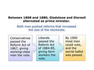 Between 1868 and 1880, Gladstone and Disraeli
        alternated as prime minister.
     Both men pushed reforms that increased
            the size of the electorate.

 Conservatives    Liberals          By 1900
 passed the       passed the        most men
 Reform Act of    Reform Act        could vote,
 1867, giving     of 1884-85,       and the
 working-class    giving farm       secret ballot
 men the vote.    workers the       was passed.
                  vote.
 