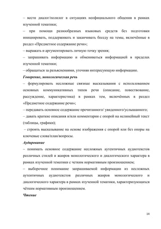 14
– вести диалог/полилог в ситуациях неофициального общения в рамках
изученной тематики;
– при помощи разнообразных языковых средств без подготовки
инициировать, поддерживать и заканчивать беседу на темы, включённые в
раздел «Предметное содержание речи»;
– выражать и аргументировать личную точку зрения;
– запрашивать информацию и обмениваться информацией в пределах
изученной тематики;
– обращаться за разъяснениями, уточняя интересующую информацию.
Говорение, монологическая речь
– формулировать несложные связные высказывания с использованием
основных коммуникативных типов речи (описание, повествование,
рассуждение, характеристика) в рамках тем, включённых в раздел
«Предметное содержание речи»;
– передавать основное содержание прочитанного/ увиденного/услышанного;
– давать краткие описания и/или комментарии с опорой на нелинейный текст
(таблицы, графики);
– строить высказывание на основе изображения с опорой или без опоры на
ключевые слова/план/вопросы.
Аудирование
– понимать основное содержание несложных аутентичных аудиотекстов
различных стилей и жанров монологического и диалогического характера в
рамках изученной тематики с четким нормативным произношением;
– выборочное понимание запрашиваемой информации из несложных
аутентичных аудиотекстов различных жанров монологического и
диалогического характера в рамках изученной тематики, характеризующихся
чётким нормативным произношением.
Чтение
 