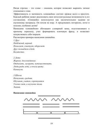 19
Пятая строчка – это слово – синоним, которое позволяет выразить личное
отношение к теме.
Эффективность и значимость «синквейна» состоит прежде всего в простоте.
Каждый ребёнок может реализовать свои интеллектуальные возможности в его
составлении. «Синквейн» используется как заключительное задание по
изученному материалу. Он похож на игру. А придумывать интересно, легко и
полезно, особенно детям!
Написание «синквейнов» обогащают словарный запас, подготавливают к
краткому пересказу, учит формировать ключевую фразу, и позволяет
почувствовать себя творцом.
Рассмотрим примеры написания синквейна.
1.Друг
Надёжный, верный.
Помогает, советует, оберегает.
Друг познаётся в беде.
Богатство.
2.Лето
Жаркое, долгожданное.
Отдыхать, загорать, путешествовать.
Люди рады лету, а пчела цвету.
Каникулы.
3.Школа
Начальная, средняя.
Обучают, учатся, соревнуются.
Учение свет, а неучение тьма.
Знания.
Написание синквейна
 