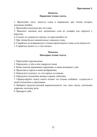 32
Приложение 2.
Памятка.
Первичное чтение текста.
1. Прочитайте текст, заметьте слова и выражения, при чтении которых
допущены ошибки.
2. Прочитайте несколько раз эти слова.
3. Выясните значение всех непонятных слов по словарю или спросите у
взрослых.
4. Следите за словами на строчке, не переставляйте их.
5. При чтении будьте внимательны к каждому слову.
6. Старайтесь не возвращаться к чтению прочитанного слова, если поняли его.
7. Старайтесь понять то, о чем читаете.
Памятка.
Повторное чтение текста.
1. Перечитайте произведение.
2. Определите, о чём в нём говорится (тема)
3. Какие чувства переживают персонажи, и какие возникают у вас.
4. Представьте героев в своём воображении.
5. Определите подтекст, то, что скрыто за словами.
6. Определите отношение автора к героям, событиям.
7. Сформулируйте задачу своего чтения: что хочешь сообщить слушателю о
своём отношении к персонажам.
8. Выберите средства речевой выразительности: тон, темп, паузы, логические
ударения, мелодику речи.
9. Проверьте себя.
 