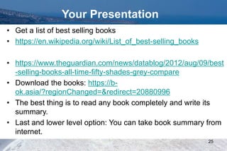 Your Presentation
• Get a list of best selling books
• https://en.wikipedia.org/wiki/List_of_best-selling_books
• https://www.theguardian.com/news/datablog/2012/aug/09/best
-selling-books-all-time-fifty-shades-grey-compare
• Download the books: https://b-
ok.asia/?regionChanged=&redirect=20880996
• The best thing is to read any book completely and write its
summary.
• Last and lower level option: You can take book summary from
internet.
25
 