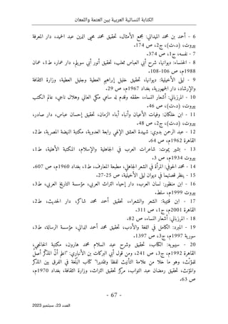 ‫واللمعان‬ ‫العتمة‬ ‫بين‬ ‫العربية‬ ‫النسائية‬ ‫الكتابة‬
-
67
-
‫اﻟﻌﺪد‬
23
‫ﺳﺒﺘﻤﺒﺮ‬ ،
2023
6
-
‫أحمد‬
‫بن‬
‫محمد‬
‫الميداني‬
:
‫مجمع‬
،‫الأمثال‬
‫حقيق‬‫ت‬
‫محمد‬
‫حيى‬‫م‬
‫الدين‬
‫عبد‬
،‫حميد‬‫ل‬‫ا‬
‫دار‬
‫المعرفة‬
،‫بيروت‬
)
‫د‬
.
‫ت‬
(
،
‫ج‬
2
،
‫ص‬
174
.
7
-
،‫نفسه‬
‫ج‬
1
،
‫ص‬
374
.
8
-
‫خنساء‬‫ل‬‫ا‬
:
،‫ديوانها‬
‫شرح‬
‫أبي‬
‫العباس‬
،‫ثعلب‬
‫حقيق‬‫ت‬
‫أنور‬
‫أبي‬
،‫يلم‬‫سو‬
‫دار‬
،‫عمار‬
‫ط‬
1
،
‫عمان‬
1988
‫م‬
،
‫ص‬
106
-
108
.
9
-
‫ليلى‬
‫الأخيلية‬
:
‫ديوا‬
،‫نها‬
‫حقيق‬‫ت‬
‫خليل‬
‫إبراهيم‬
‫العطية‬
‫وجليل‬
،‫العطية‬
‫وزارة‬
‫الثقافة‬
،‫والإرشاد‬
‫دار‬
،‫ية‬‫جمهور‬‫ل‬‫ا‬
‫بغداد‬
1967
‫م‬
،
‫ص‬
29
.
10
-
‫المرزباني‬
:
‫أشعار‬
،‫النساء‬
‫حققه‬
‫وقدم‬
‫له‬
‫سامي‬
‫مكي‬
‫العاني‬
‫وهلال‬
،‫ناجي‬
‫عالم‬
‫الـكتب‬
،‫بيروت‬
)
‫د‬
.
‫ت‬
(
،
‫ص‬
46
.
11
-
‫ابن‬
‫خلكان‬
:
‫وفيات‬
‫الأعيان‬
‫وأنباء‬
‫أبناء‬
،‫الزمان‬
‫حقيق‬‫ت‬
‫إحسان‬
،‫عباس‬
‫دار‬
،‫صادر‬
،‫بيروت‬
)
‫د‬
.
‫ت‬
(
،
‫ج‬
2
،
‫ص‬
48
.
12
-
‫عبد‬
‫الرحمن‬
‫بدوي‬
:
‫شهيدة‬
‫العشق‬
‫الإلهي‬
‫رابعة‬
،‫ية‬‫العدو‬
‫مكتبة‬
‫النهضة‬
،‫ية‬‫المصر‬
‫ط‬
2
،
‫القاهرة‬
1962
‫م‬
،
‫ص‬
64
.
13
-
‫بشير‬
‫يموت‬
:
‫شاعرات‬
‫العرب‬
‫في‬
‫جاهلية‬‫ل‬‫ا‬
،‫والإسلام‬
‫المكتبة‬
،‫الأهلية‬
‫ط‬
1
،
‫بيروت‬
1934
‫م‬
،
‫ص‬
3
.
14
-
‫محمد‬
‫ا‬
‫حوفي‬‫ل‬
:
‫المرأة‬
‫في‬
‫الشعر‬
،‫جاهلي‬‫ل‬‫ا‬
‫مطبعة‬
،‫المعارف‬
‫ط‬
1
،
‫بغداد‬
1960
‫م‬
،
‫ص‬
607
.
15
-
‫ينظر‬
‫قصتهما‬
‫في‬
‫ديوان‬
‫ليلى‬
،‫الأخيلية‬
‫ص‬
25
-
27
.
16
-
‫ابن‬
‫منظور‬
:
‫لسان‬
،‫العرب‬
‫دار‬
‫إحياء‬
‫التراث‬
،‫العربي‬
‫مؤسسة‬
‫التاريخ‬
،‫العربي‬
‫ط‬
3
،
‫بيروت‬
1999
،‫م‬
‫سلط‬
.
17
-
‫ابن‬
‫قتيبة‬
:
‫الشعر‬
،‫والشعراء‬
‫حقي‬‫ت‬
‫ق‬
‫أحمد‬
‫محمد‬
،‫شاكر‬
‫دار‬
،‫حديث‬‫ل‬‫ا‬
‫ط‬
2
،
‫القاهرة‬
2001
،‫م‬
‫ج‬
1
،
‫ص‬
311
.
18
-
‫المرزباني‬
:
‫أشعار‬
،‫النساء‬
‫ص‬
82
.
19
-
‫المبرد‬
:
‫الكامل‬
‫في‬
‫اللغة‬
،‫والأدب‬
‫حقيق‬‫ت‬
‫محمد‬
‫أحمد‬
،‫الدالي‬
‫مؤسسة‬
،‫الرسالة‬
‫ط‬
3
،
‫ية‬‫سور‬
1997
،‫م‬
‫ج‬
3
،
‫ص‬
1397
.
20
-
‫يه‬‫سيبو‬
:
،‫الكتاب‬
‫حقيق‬‫ت‬
‫وشرح‬
‫عبد‬
‫السلام‬
‫محمد‬
،‫هارون‬
‫مكتبة‬
،‫جي‬‫ن‬‫خا‬‫ل‬‫ا‬
‫القاهرة‬
1992
‫م‬
،
‫ج‬
3
،
‫ص‬
241
،
‫ومن‬
‫قول‬
‫أبي‬
‫البركات‬
‫بن‬
‫الأنباري‬
" :
‫اعلم‬
ّ‫ن‬‫أ‬
‫ّر‬‫ك‬
‫المذ‬
ٌ‫ل‬‫أص‬
،‫ّث‬‫ن‬‫للمؤ‬
‫وهو‬
‫ما‬
‫خلا‬
‫من‬
‫علامة‬
‫التأنيث‬
‫لفظا‬
‫وتقديرا‬
"
‫كتاب‬
‫ْغة‬‫ل‬ُ ‫الب‬
‫في‬
‫الفرق‬
‫بين‬
‫كر‬
‫المذ‬
،‫والمؤنث‬
‫حقيق‬‫ت‬
‫رمضان‬
‫عبد‬
،‫التواب‬
‫كز‬
‫مر‬
‫حقيق‬‫ت‬
،‫التراث‬
‫وزارة‬
،‫الثقافة‬
‫بغداد‬
1970
‫م‬
،
‫ص‬
63
.
 