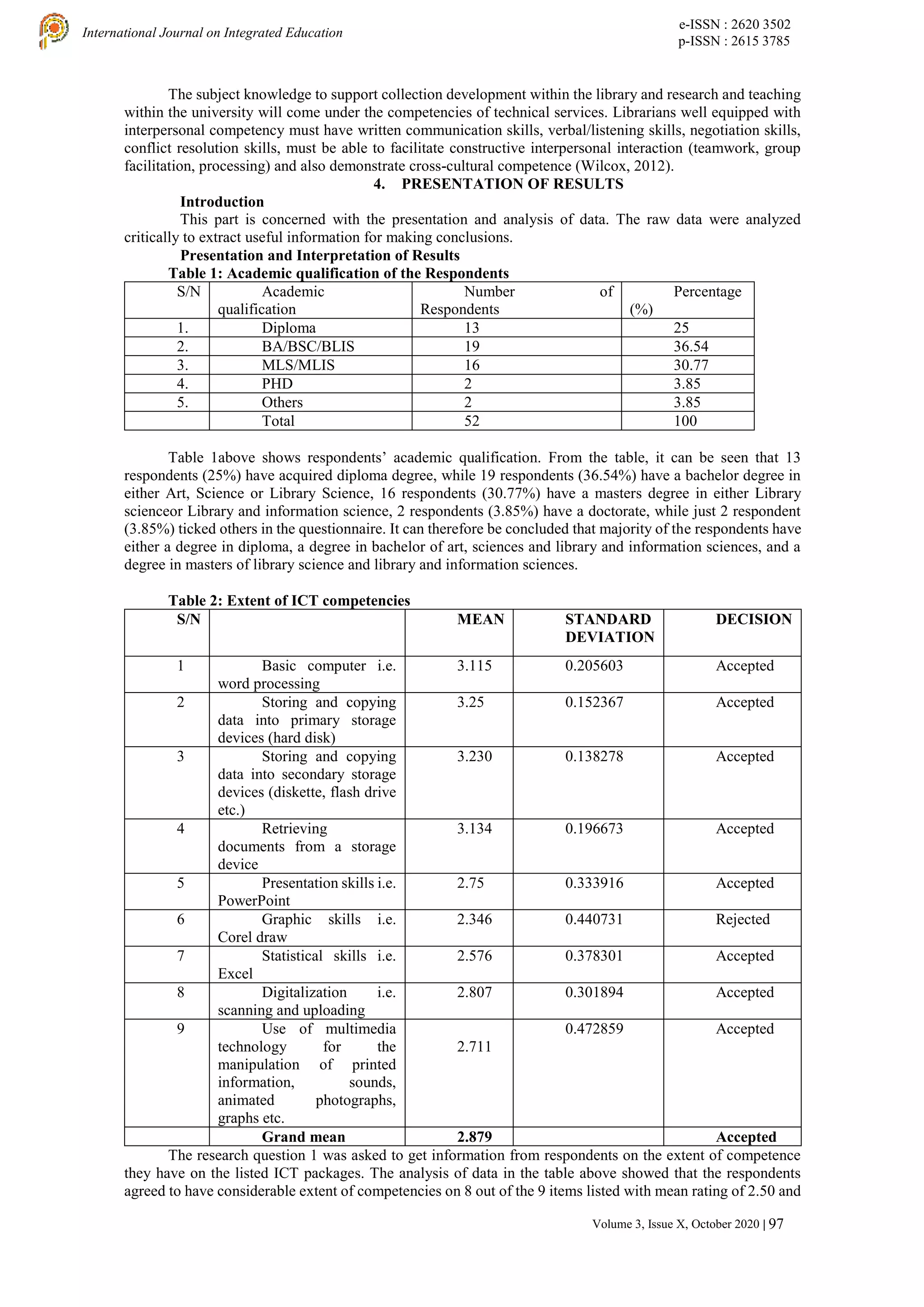 e-ISSN : 2620 3502
p-ISSN : 2615 3785
International Journal on Integrated Education
Volume 3, Issue X, October 2020 | 97
The subject knowledge to support collection development within the library and research and teaching
within the university will come under the competencies of technical services. Librarians well equipped with
interpersonal competency must have written communication skills, verbal/listening skills, negotiation skills,
conflict resolution skills, must be able to facilitate constructive interpersonal interaction (teamwork, group
facilitation, processing) and also demonstrate cross-cultural competence (Wilcox, 2012).
4. PRESENTATION OF RESULTS
Introduction
This part is concerned with the presentation and analysis of data. The raw data were analyzed
critically to extract useful information for making conclusions.
Presentation and Interpretation of Results
Table 1: Academic qualification of the Respondents
S/N Academic
qualification
Number of
Respondents
Percentage
(%)
1. Diploma 13 25
2. BA/BSC/BLIS 19 36.54
3. MLS/MLIS 16 30.77
4. PHD 2 3.85
5. Others 2 3.85
Total 52 100
Table 1above shows respondents’ academic qualification. From the table, it can be seen that 13
respondents (25%) have acquired diploma degree, while 19 respondents (36.54%) have a bachelor degree in
either Art, Science or Library Science, 16 respondents (30.77%) have a masters degree in either Library
scienceor Library and information science, 2 respondents (3.85%) have a doctorate, while just 2 respondent
(3.85%) ticked others in the questionnaire. It can therefore be concluded that majority of the respondents have
either a degree in diploma, a degree in bachelor of art, sciences and library and information sciences, and a
degree in masters of library science and library and information sciences.
Table 2: Extent of ICT competencies
S/N MEAN STANDARD
DEVIATION
DECISION
1 Basic computer i.e.
word processing
3.115 0.205603 Accepted
2 Storing and copying
data into primary storage
devices (hard disk)
3.25 0.152367 Accepted
3 Storing and copying
data into secondary storage
devices (diskette, flash drive
etc.)
3.230 0.138278 Accepted
4 Retrieving
documents from a storage
device
3.134 0.196673 Accepted
5 Presentation skills i.e.
PowerPoint
2.75 0.333916 Accepted
6 Graphic skills i.e.
Corel draw
2.346 0.440731 Rejected
7 Statistical skills i.e.
Excel
2.576 0.378301 Accepted
8 Digitalization i.e.
scanning and uploading
2.807 0.301894 Accepted
9 Use of multimedia
technology for the
manipulation of printed
information, sounds,
animated photographs,
graphs etc.
2.711
0.472859 Accepted
Grand mean 2.879 Accepted
The research question 1 was asked to get information from respondents on the extent of competence
they have on the listed ICT packages. The analysis of data in the table above showed that the respondents
agreed to have considerable extent of competencies on 8 out of the 9 items listed with mean rating of 2.50 and
 