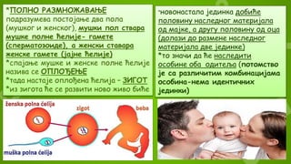 *ПОЛНО РАЗМНОЖАВАЊЕ
подразумева постојање два пола
(мушког и женског), мушки пол ствара
мушке полне ћелије- гамете
(сперматозоиде), а женски ставара
женске гамете (јајне ћелије)
*спајање мушке и женске полне ћелије
назива се ОПЛОЂЕЊЕ
*тада настаје оплођена ћелија – ЗИГОТ
*из зигота ће се развити ново живо биће
*новонастала јединка добиће
половину наследног материјала
од мајке, а другу половину од оца
(долази до размене наследног
материјала две јединке)
*то значи да ће наследити
особине оба одитеља (потомство
је са различитим комбинацијама
особина-нема идентичних
јединки)
 
