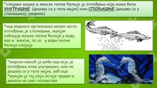 *спајање мушке и женске полне ћелије је оплођење које може бити
УНУТРАШЊЕ (дешава се у телу мајке) или СПОЉАШЊЕ (дешава се у
спољашњој средини)
*код водених организама веома често
оплођење је спољашње, мужјак
избацује мушке полне ћелије у воду,
као и женске, те се у води полне
ћелије спајају
*морски коњић је риба код које је
оплођење ипак унутрашње, али не
дешава се у телу мајке, већ оца
*мужјак је тај који остаје трудан и
доноси на свет потомство
 