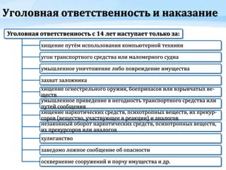 Уголовная ответственность и наказание
Уголовная ответственность с 14 лет наступает только за:
хищение путём использования компьютерной техники
угон транспортного средства или маломерного судна
умышленное уничтожение либо повреждение имущества
захват заложника
хищение огнестрельного оружия, боеприпасов или взрывчатых ве-
ществ
умышленное приведение в негодность транспортного средства или
путей сообщения
хищение наркотических средств, психотропных веществ, их прекур-
соров (вещество, участвующее в реакции) и аналогов
незаконный оборот наркотических средств, психотропных веществ,
их прекурсоров или аналогов
хулиганство
заведомо ложное сообщение об опасности
осквернение сооружений и порчу имущества и др.
 