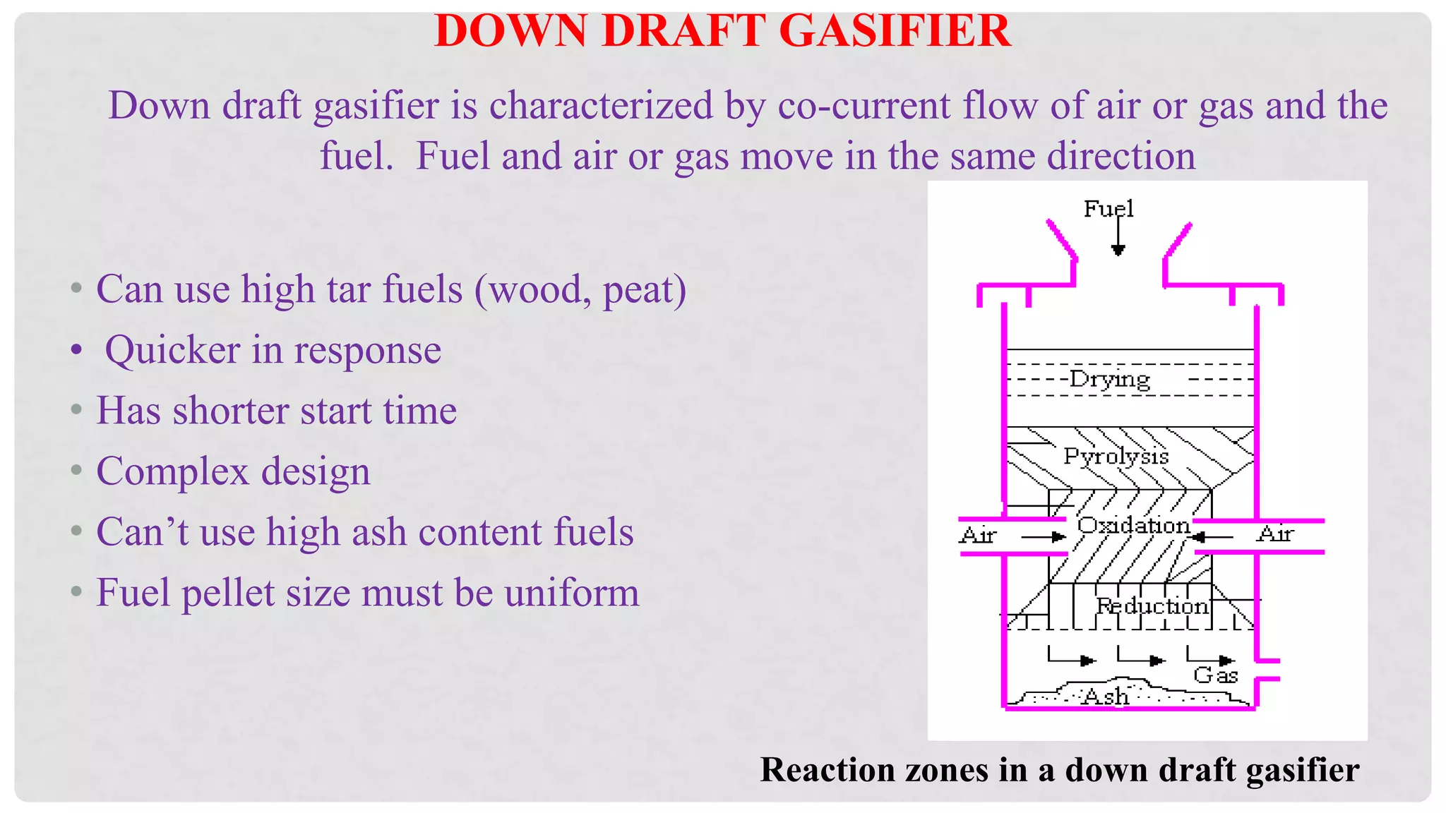 Down draft gasifier is characterized by co-current flow of air or gas and the
fuel. Fuel and air or gas move in the same direction
Reaction zones in a down draft gasifier
DOWN DRAFT GASIFIER
• Can use high tar fuels (wood, peat)
• Quicker in response
• Has shorter start time
• Complex design
• Can’t use high ash content fuels
• Fuel pellet size must be uniform
 