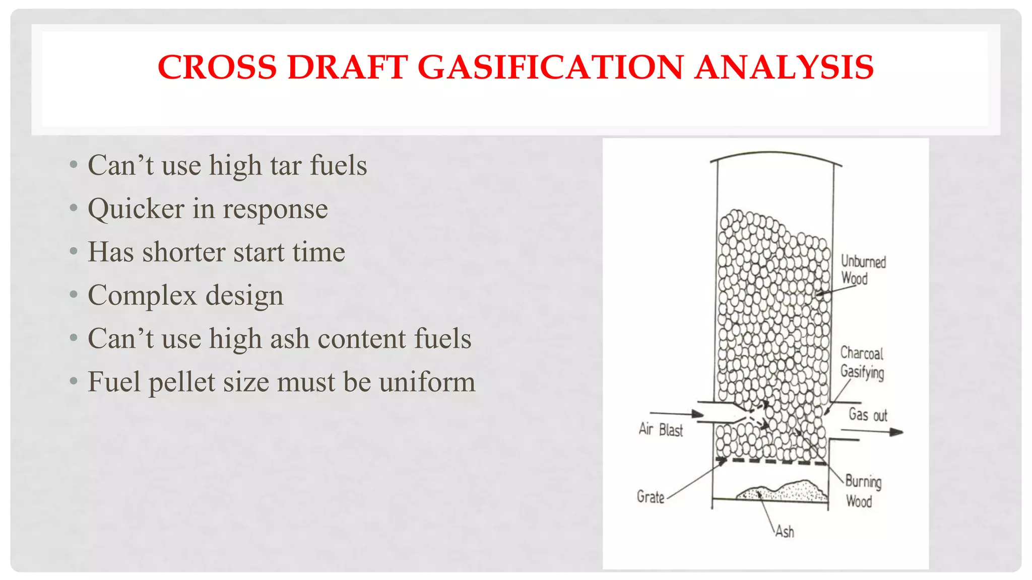CROSS DRAFT GASIFICATION ANALYSIS
• Can’t use high tar fuels
• Quicker in response
• Has shorter start time
• Complex design
• Can’t use high ash content fuels
• Fuel pellet size must be uniform
 