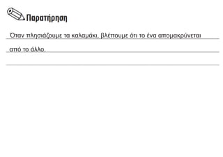 Όταν πλησιάζουμε τα καλαμάκι, βλέπουμε ότι το ένα απομακρύνεται
από το άλλο.
 
