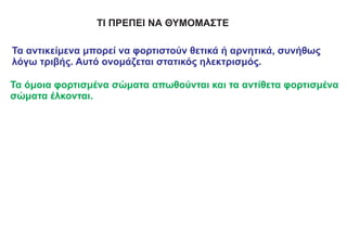 ΤΙ ΠΡΕΠΕΙ ΝΑ ΘΥΜΟΜΑΣΤΕ
Τα αντικείμενα μπορεί να φορτιστούν θετικά ή αρνητικά, συνήθως
λόγω τριβής. Αυτό ονομάζεται στατικός ηλεκτρισμός.
Τα όμοια φορτισμένα σώματα απωθούνται και τα αντίθετα φορτισμένα
σώματα έλκονται.
 