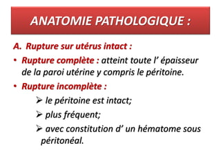 ANATOMIE PATHOLOGIQUE :
A. Rupture sur utérus intact :
• Rupture complète : atteint toute l’ épaisseur
de la paroi utérine y compris le péritoine.
• Rupture incomplète :
 le péritoine est intact;
 plus fréquent;
 avec constitution d’ un hématome sous
péritonéal.
 