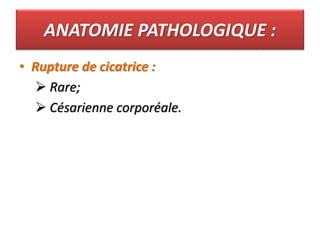 ANATOMIE PATHOLOGIQUE :
• Rupture de cicatrice :
 Rare;
 Césarienne corporéale.
 