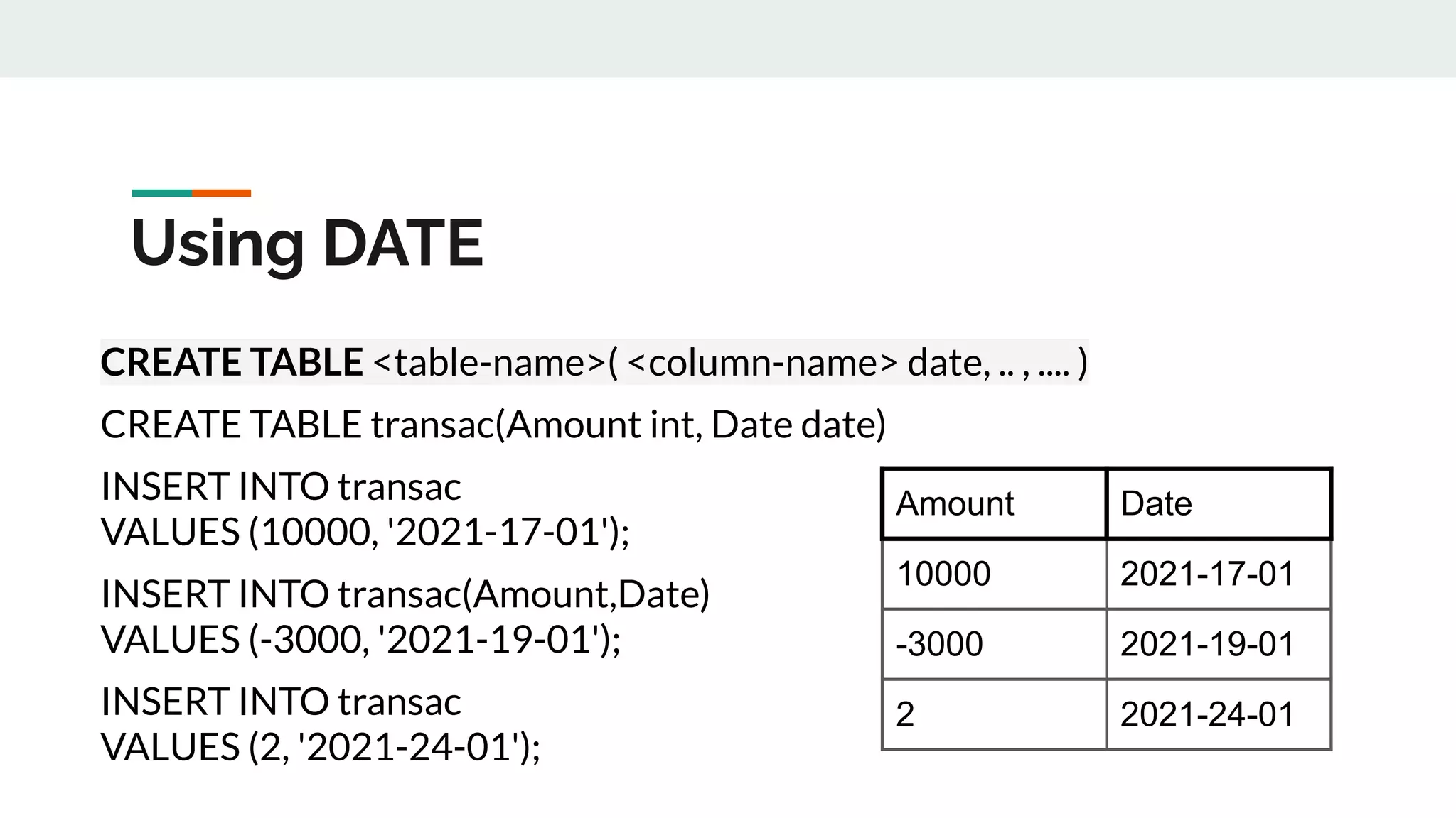 CREATE TABLE <table-name>( <column-name> date, .. , .... )
CREATE TABLE transac(Amount int, Date date)
INSERT INTO transac
VALUES (10000, '2021-17-01');
INSERT INTO transac(Amount,Date)
VALUES (-3000, '2021-19-01');
INSERT INTO transac
VALUES (2, '2021-24-01');
Using DATE
Amount Date
10000 2021-17-01
-3000 2021-19-01
2 2021-24-01
 