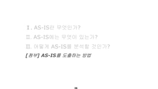 Ⅰ. AS-IS란 무엇인가?
Ⅱ. AS-IS에는 무엇이 있는가?
Ⅲ. 어떻게 AS-IS를 분석할 것인가?
[첨부] AS-IS를 도출하는 방법
 