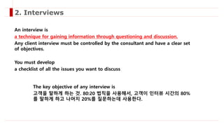 An interview is
a technique for gaining information through questioning and discussion.
Any client interview must be controlled by the consultant and have a clear set
of objectives.
You must develop
a checklist of all the issues you want to discuss
2. Interviews
The key objective of any interview is
고객을 말하게 하는 것. 80:20 법칙을 사용해서, 고객이 인터뷰 시간의 80%
를 말하게 하고 나머지 20%를 질문하는데 사용한다.
 